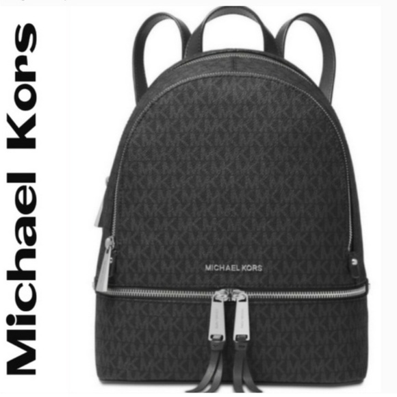 Michael Kors Rhea Medium Signature Backpack Handbag Black with Silver Hardware - Picture 1 of 17